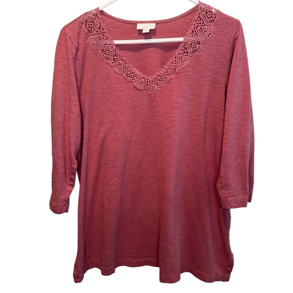 J. Jill Womens Pink Crochet Lace V-Neck 3/4 Sleeve Slub Knit Top M Casual Comfy